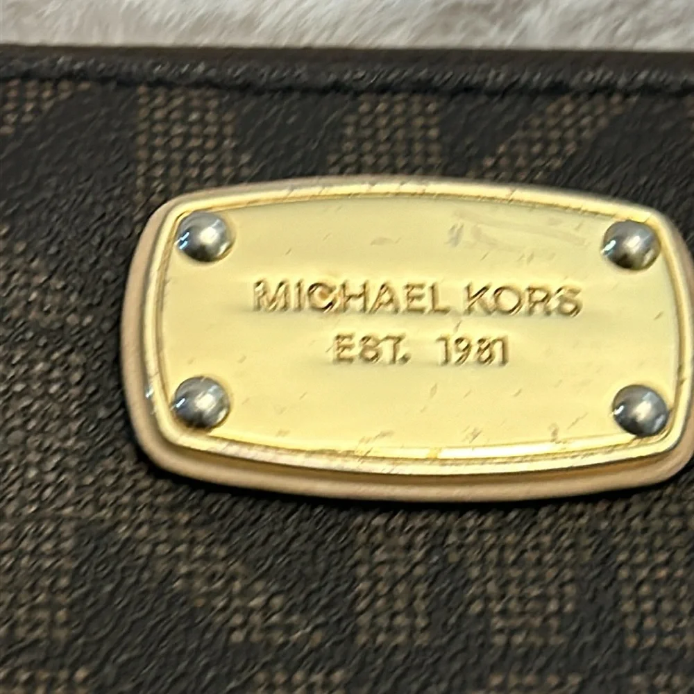 Michael Kors Beige Suede Pouch & Brown MK Signature Zip Wallet